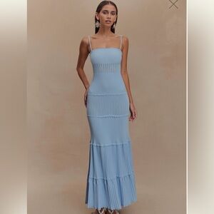 Meshki Blue Ribbed Ruffled Halter Maxi Dress